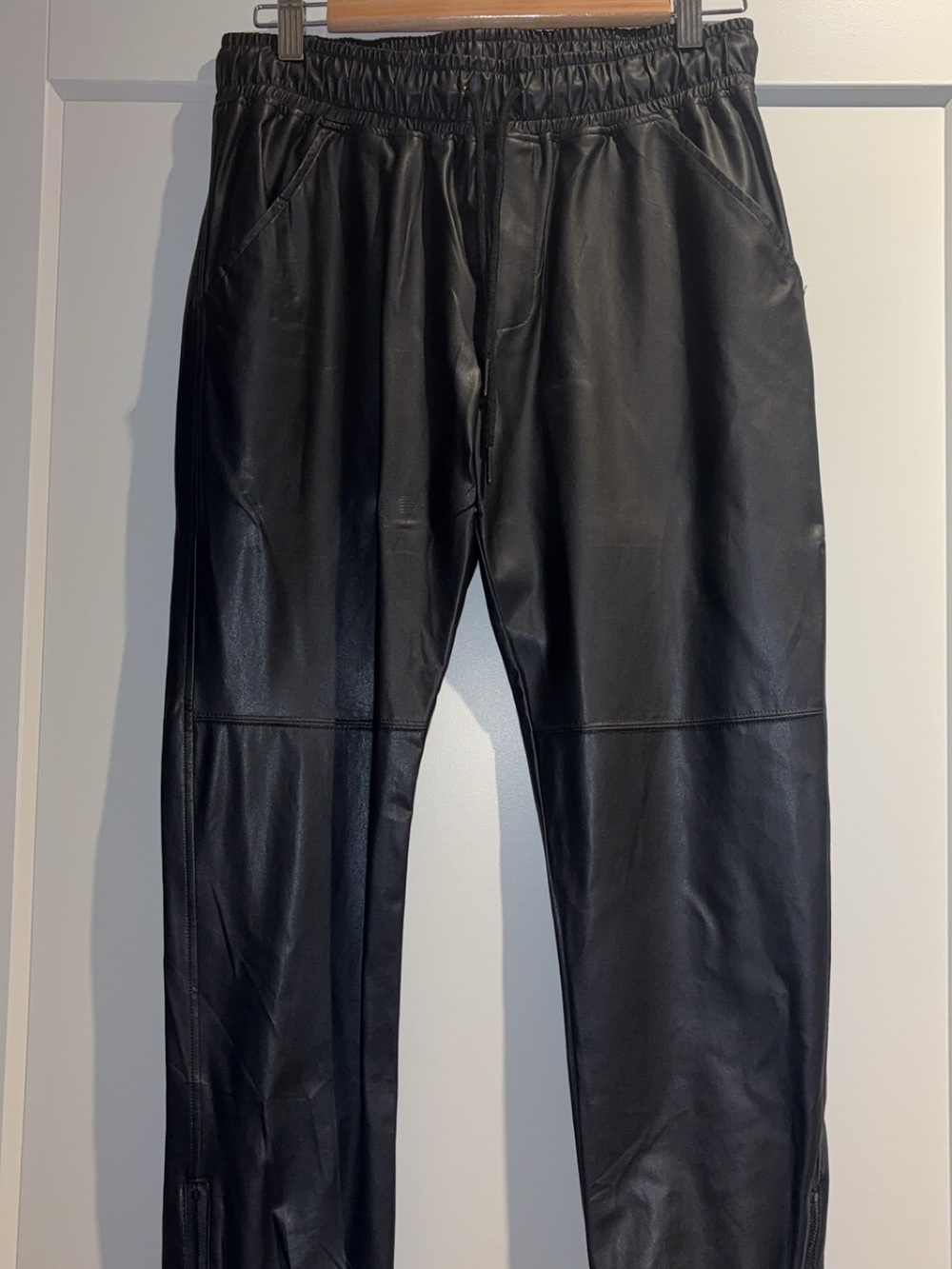 David Lerner Black Faux Leather Joggers with Elastic Waist